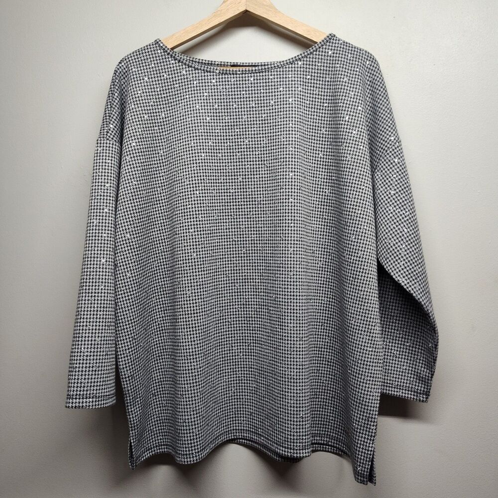 Jones New York Blouse Top Women XL Black Gray Metallic Houndstooth 3/4 Sleeve
